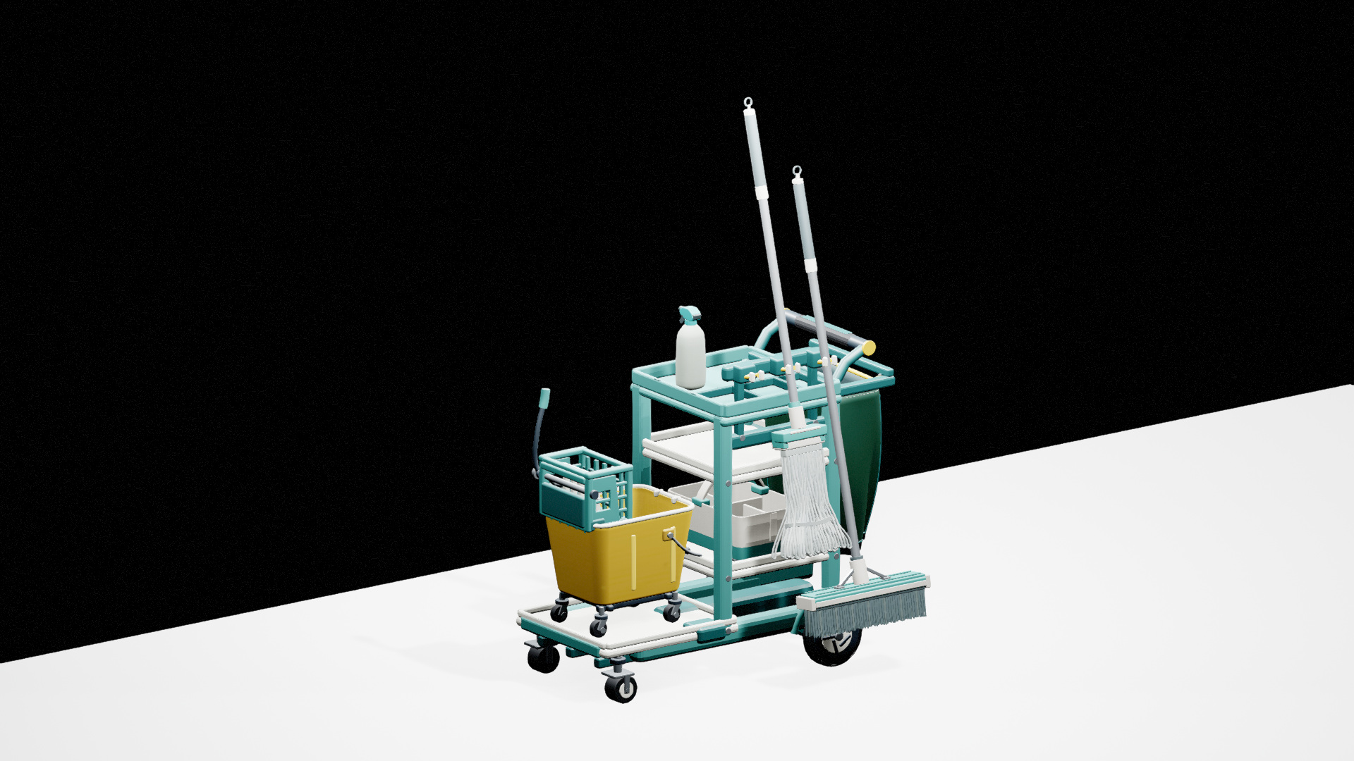 Stocked teal cleaning cart with bucket, wringer, shelves, handles and caster wheels