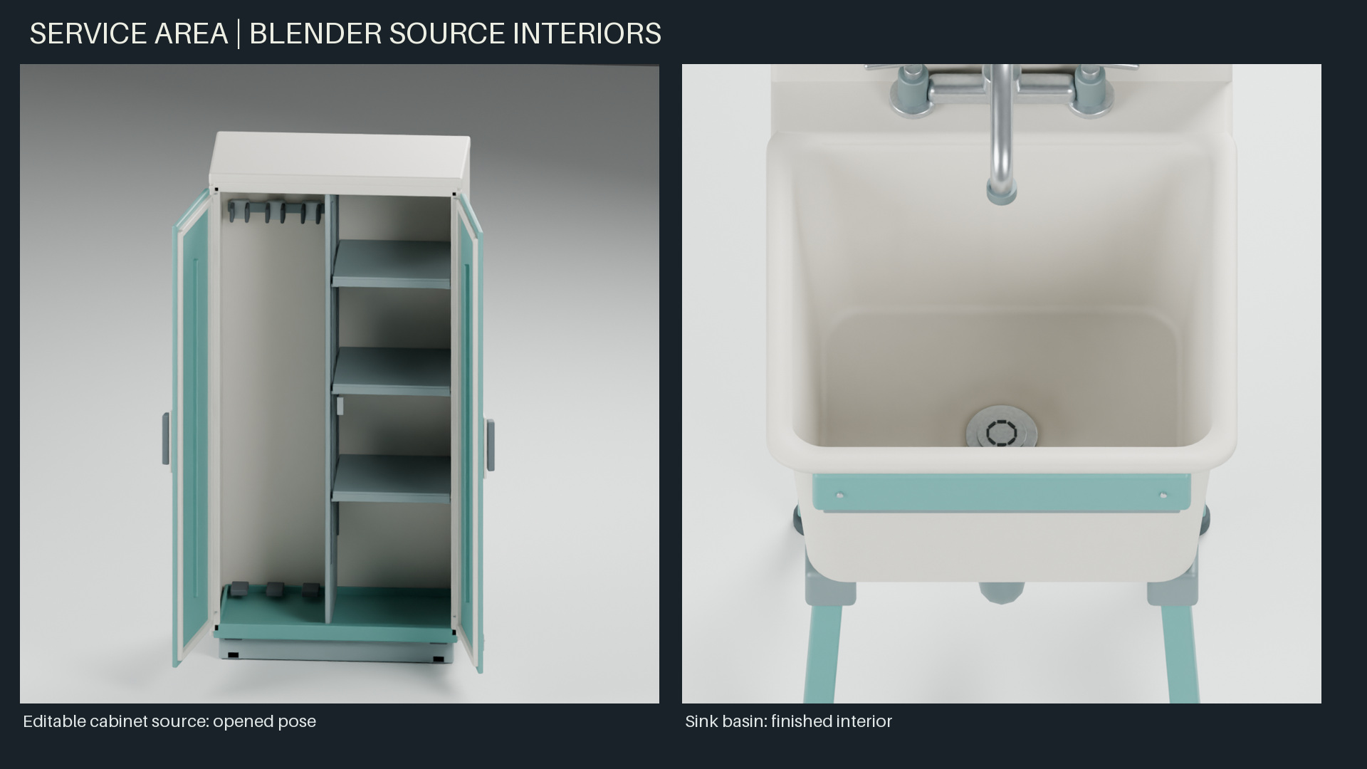 Opened utility cabinet and detailed sink basin rendered from Blender sources