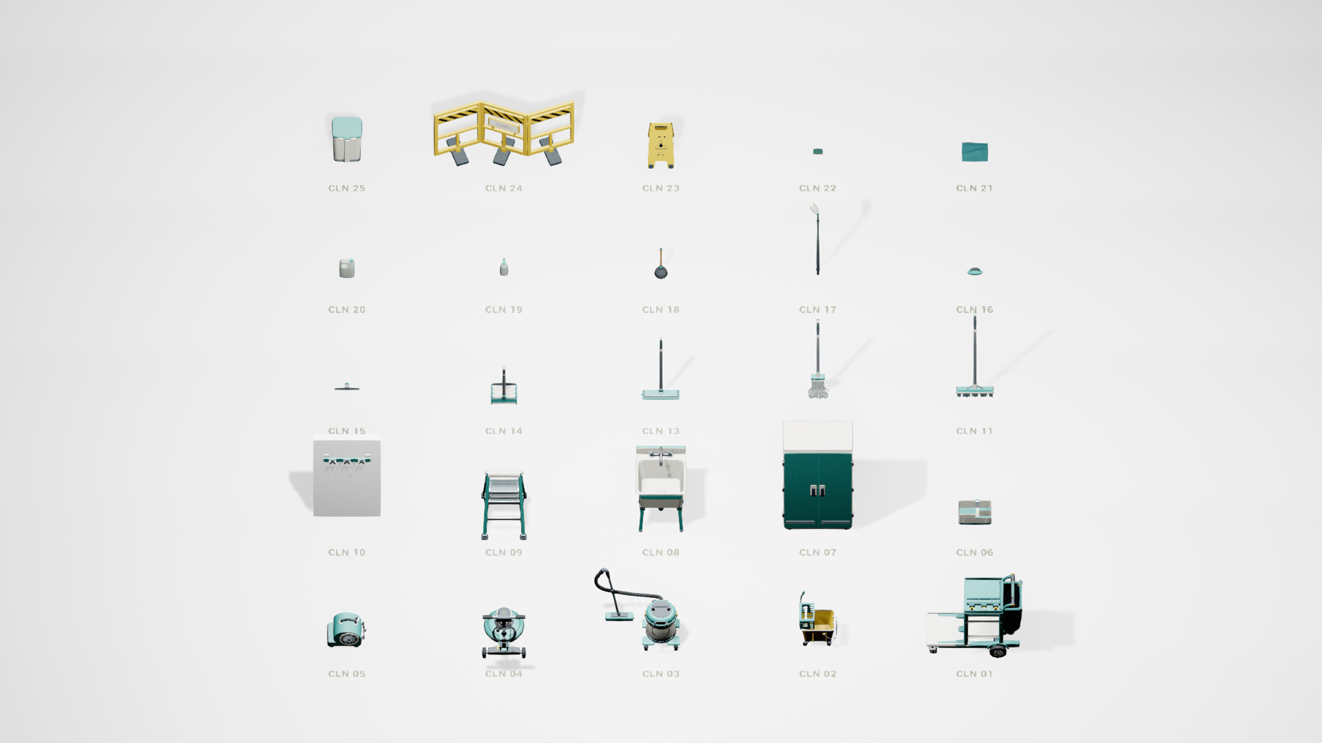 Overview of all 25 Cleaning Crew prop designs, including carts, machines, cabinet, sink and hand tools