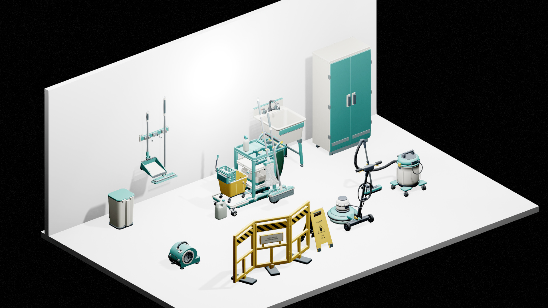 Stylized Cleaning Crew equipment arranged in an Unreal service-area scene
